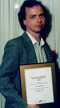 Colman accepting the Canadian Science Writers Association Radio Award for Items 25 Minutes and Over for the 1996 IDEAS program Deja Vu: AIDS in Historical Perspective